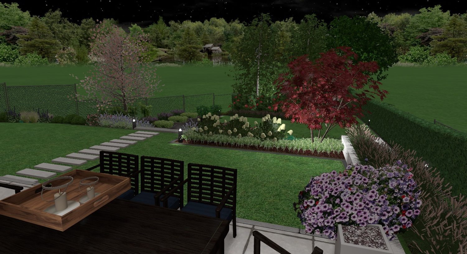 Wizualizacja 3D ogrodu — noc